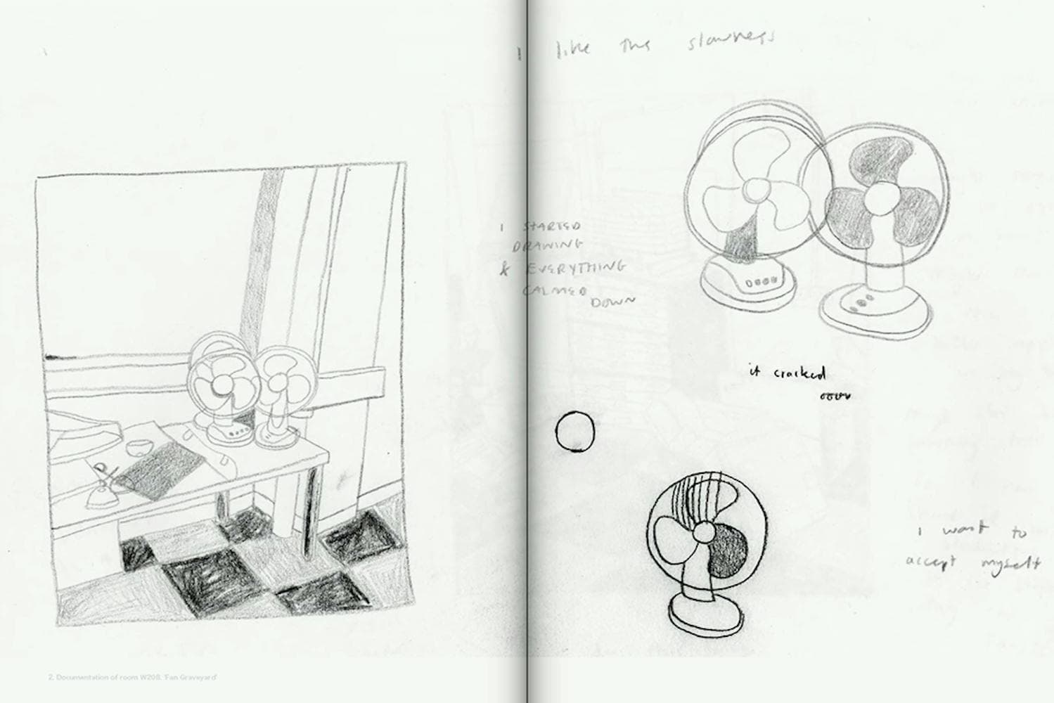 double page spread including a drawing of a bathroom with a chequered floor and sketches of an electric fan